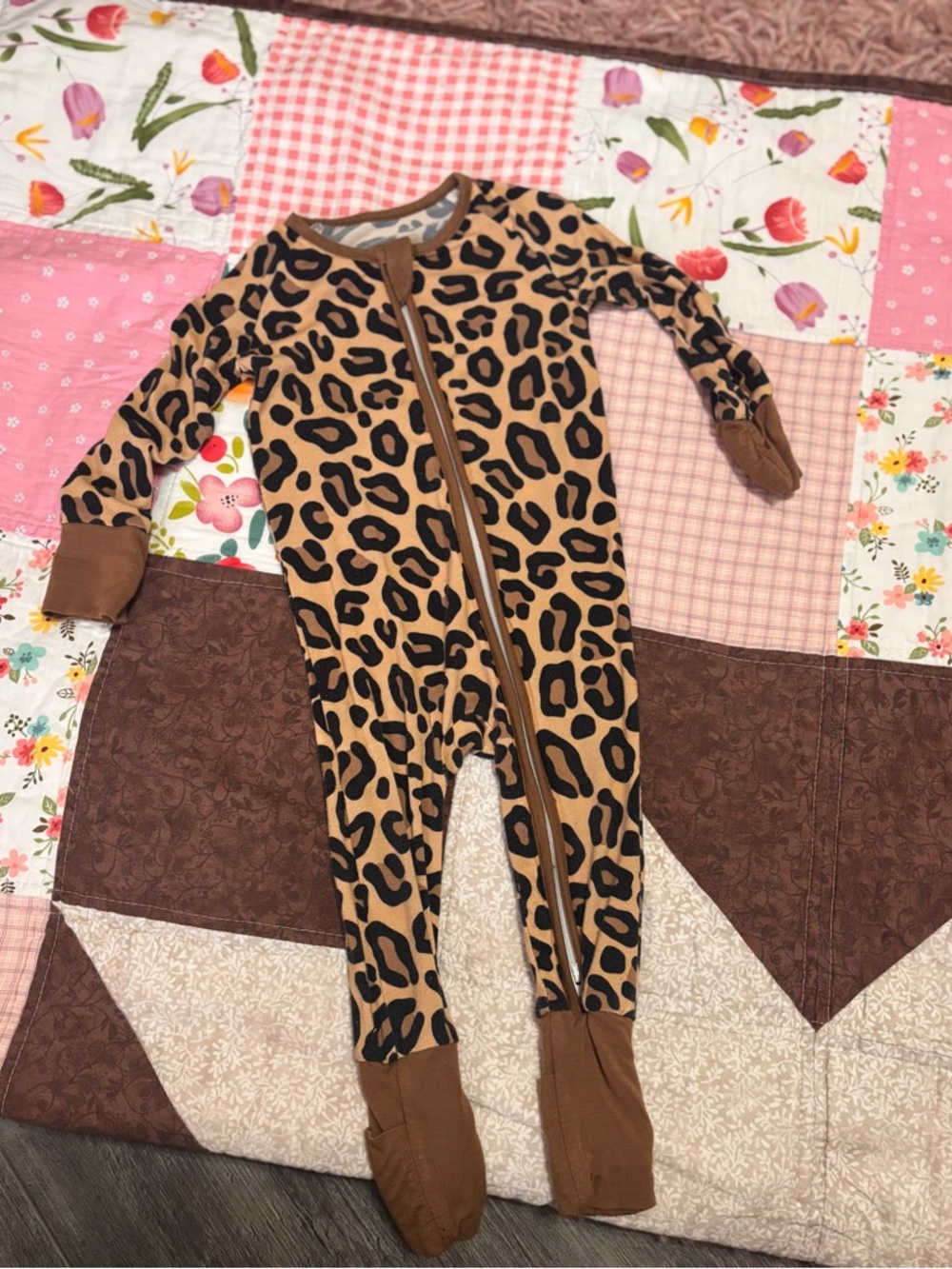 Leopard Print Brown Kids One-Piece Bamboo Footed Pajamas